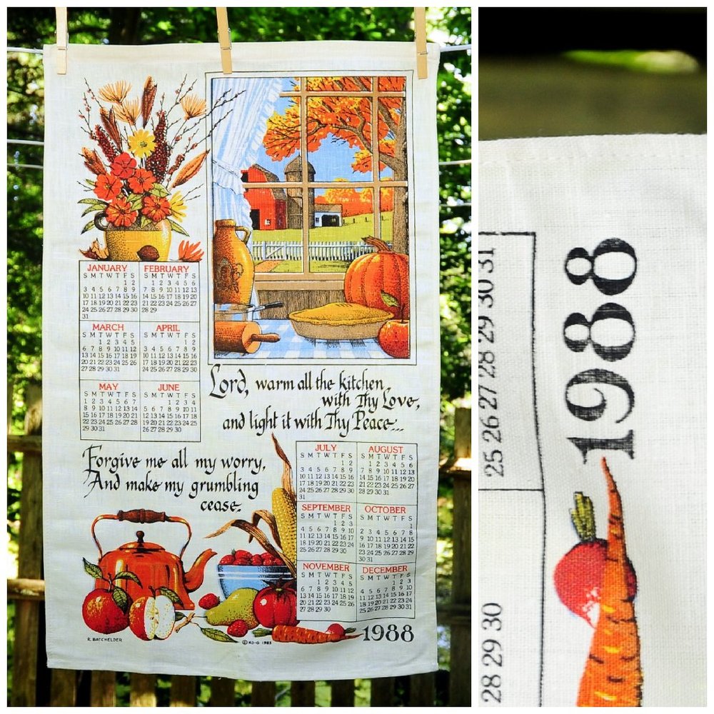 VTG 1988 Farmhouse Kitchen Window Scene, Kitchen Prayer Calendar Towel Kay Dee